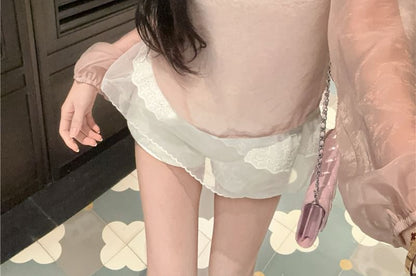 Plain Sheer Set: Blouse Crew Neck Top + Cami Sleeve Long