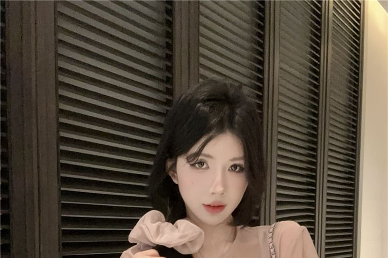 Plain Sheer Set: Blouse Crew Neck Top + Cami Sleeve Long