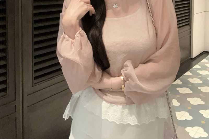 Plain Sheer Set: Blouse Crew Neck Top + Cami Sleeve Long