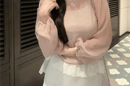 Plain Sheer Set: Blouse Crew Neck Top + Cami Sleeve Long