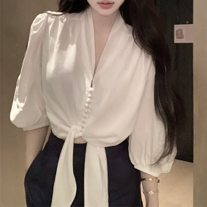 Blouse V-Neck Tie Elbow Front Sleeve Plain