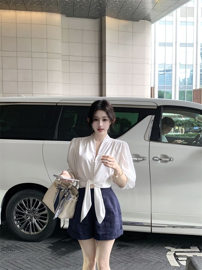 Blouse V-Neck Tie Elbow Front Sleeve Plain