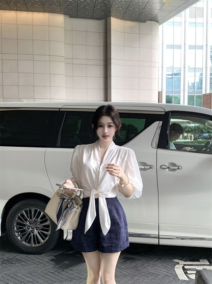 Blouse V-Neck Tie Elbow Front Sleeve Plain