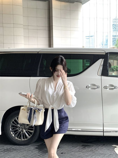 Blouse V-Neck Tie Elbow Front Sleeve Plain