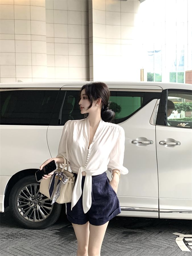 Blouse V-Neck Tie Elbow Front Sleeve Plain