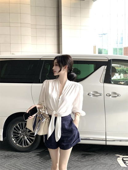 Blouse V-Neck Tie Elbow Front Sleeve Plain