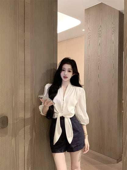 Blouse V-Neck Tie Elbow Front Sleeve Plain