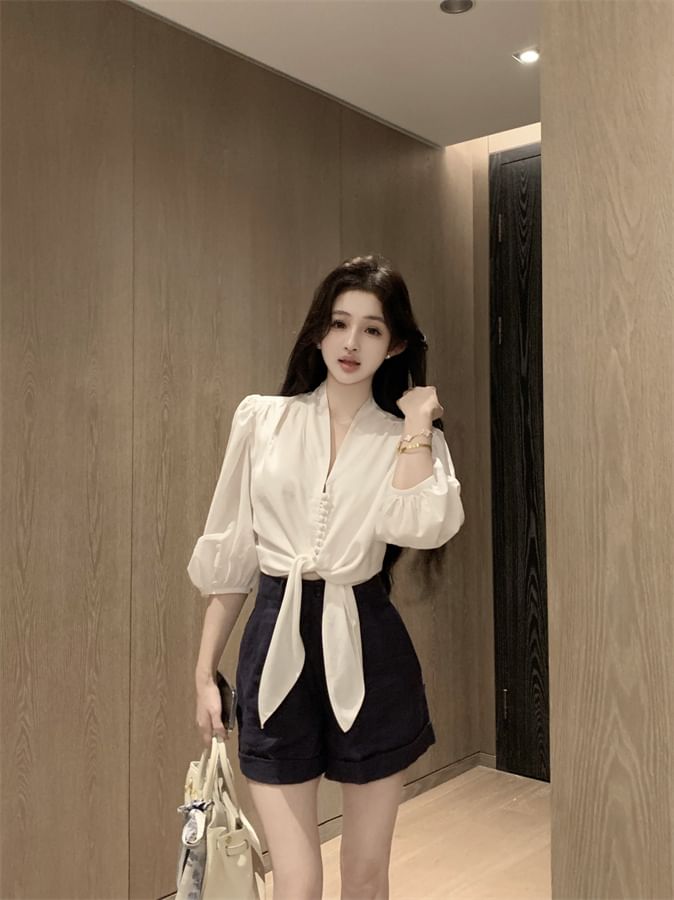 Blouse V-Neck Tie Elbow Front Sleeve Plain