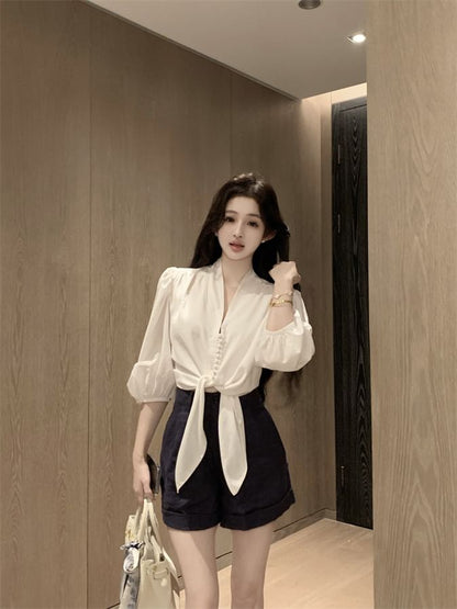 Blouse V-Neck Tie Elbow Front Sleeve Plain