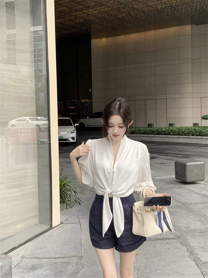 Blouse V-Neck Tie Elbow Front Sleeve Plain