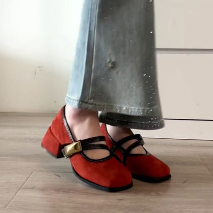 Buckle Heel Jane Metallic Block Mary Shoes