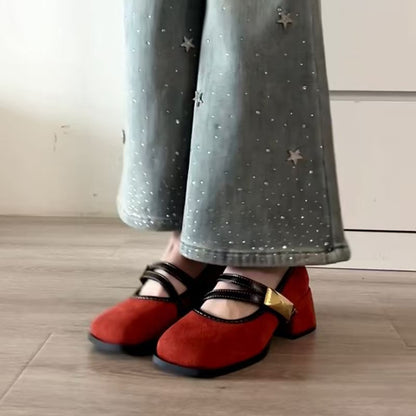 Buckle Heel Jane Metallic Block Mary Shoes