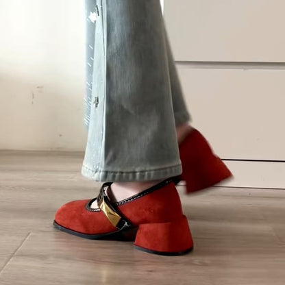 Buckle Heel Jane Metallic Block Mary Shoes