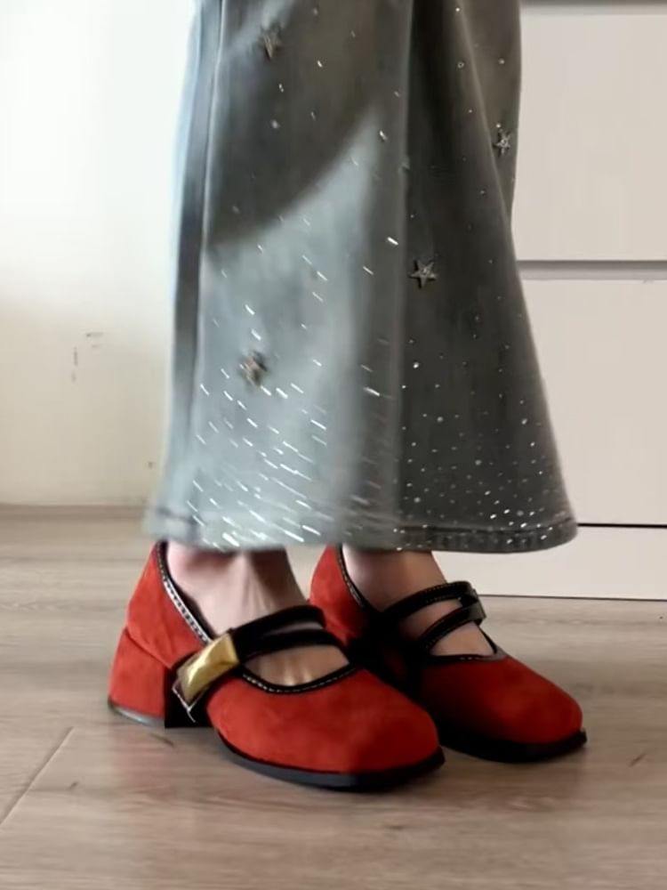 Buckle Heel Jane Metallic Block Mary Shoes