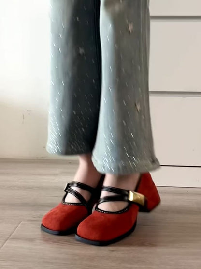 Buckle Heel Jane Metallic Block Mary Shoes