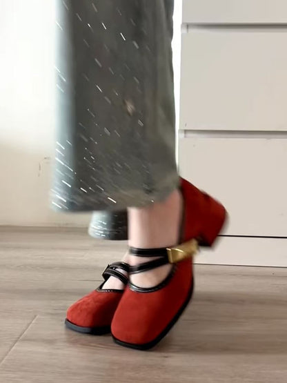 Buckle Heel Jane Metallic Block Mary Shoes
