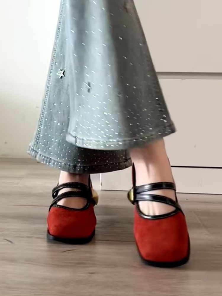 Buckle Heel Jane Metallic Block Mary Shoes