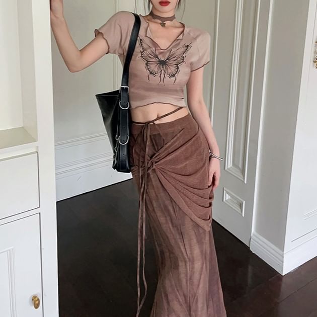 Print Skirt Waist Pencil Mid / Tie-Up Butterfly Sleeve Crop Maxi Tee V-Neck Short