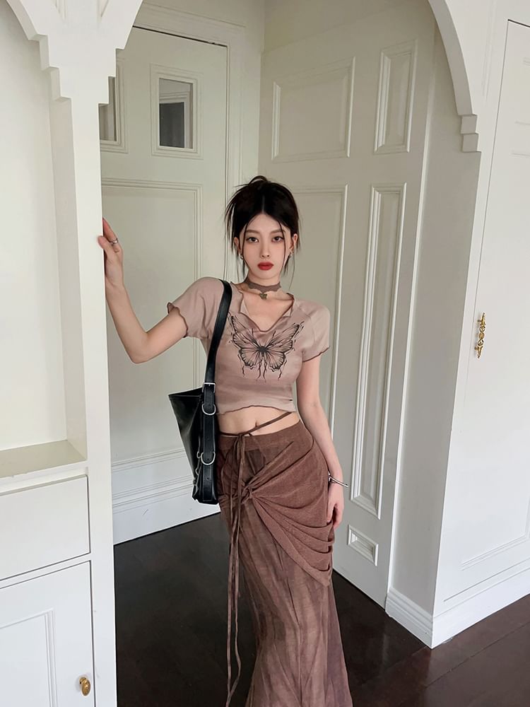 Print Skirt Waist Pencil Mid / Tie-Up Butterfly Sleeve Crop Maxi Tee V-Neck Short