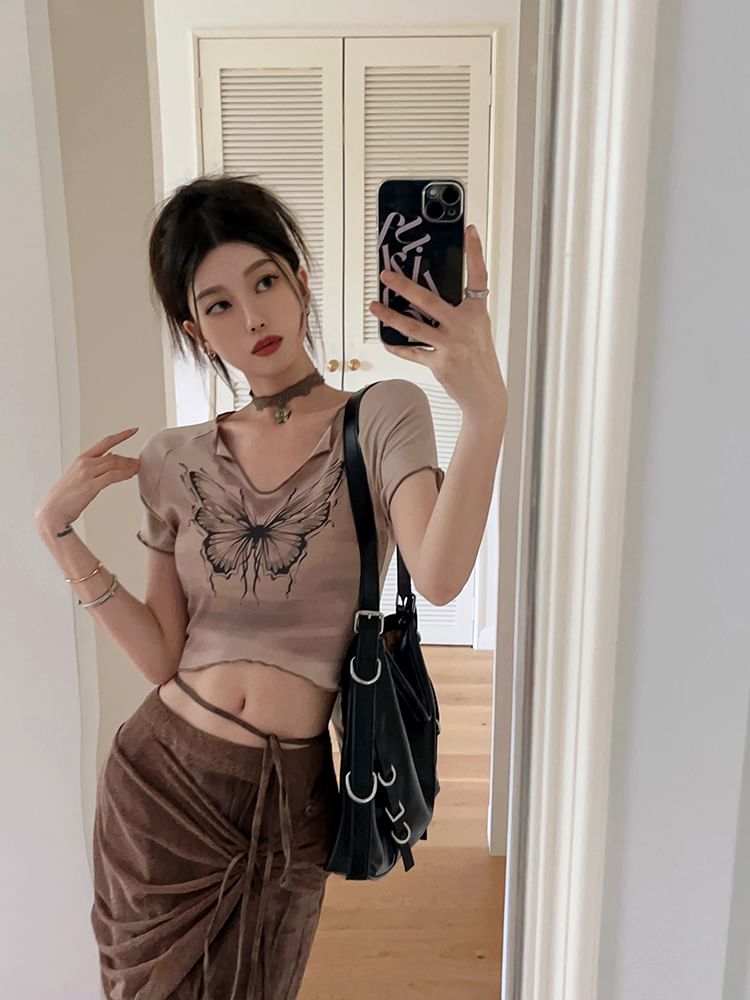 Print Skirt Waist Pencil Mid / Tie-Up Butterfly Sleeve Crop Maxi Tee V-Neck Short