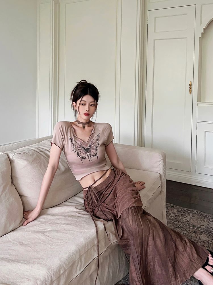 Print Skirt Waist Pencil Mid / Tie-Up Butterfly Sleeve Crop Maxi Tee V-Neck Short