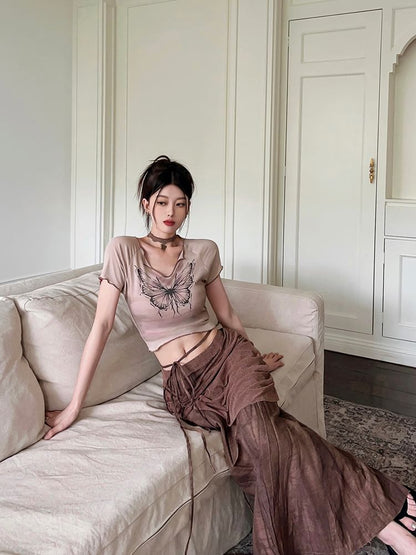 Print Skirt Waist Pencil Mid / Tie-Up Butterfly Sleeve Crop Maxi Tee V-Neck Short