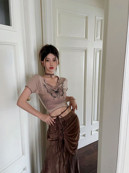 Print Skirt Waist Pencil Mid / Tie-Up Butterfly Sleeve Crop Maxi Tee V-Neck Short