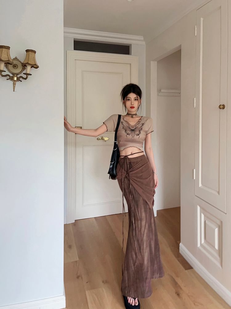 Print Skirt Waist Pencil Mid / Tie-Up Butterfly Sleeve Crop Maxi Tee V-Neck Short