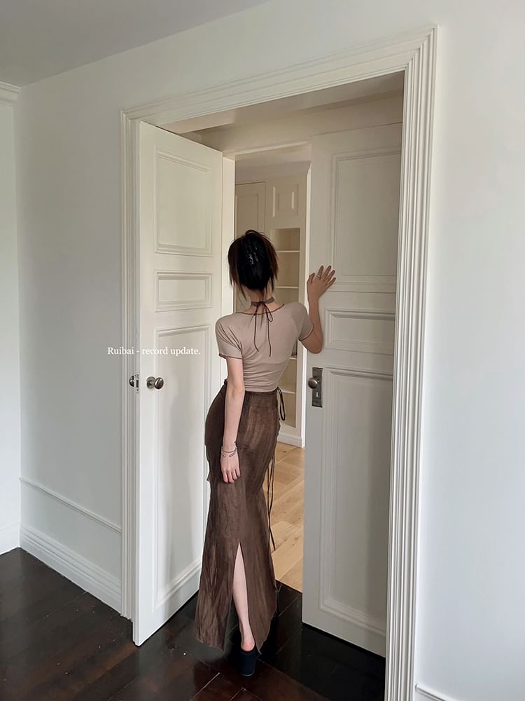 Print Skirt Waist Pencil Mid / Tie-Up Butterfly Sleeve Crop Maxi Tee V-Neck Short