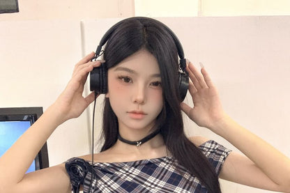 Top Sleeve Short Shoulder Off Plaid