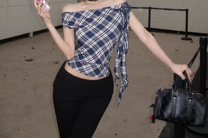 Top Sleeve Short Shoulder Off Plaid