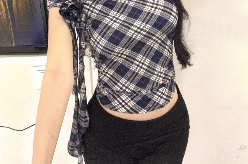 Top Sleeve Short Shoulder Off Plaid