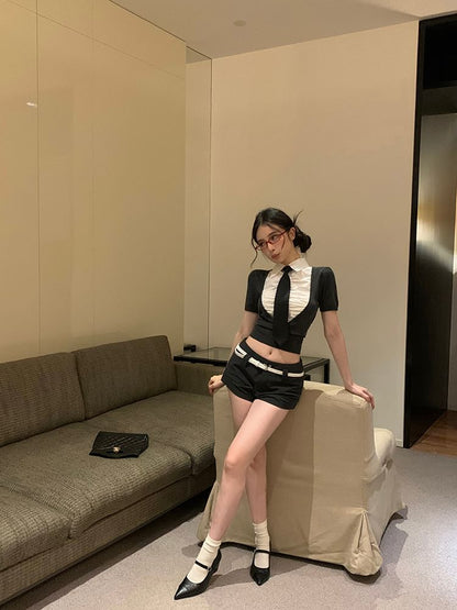 Mid Two Shorts Rise / Sleeve Plain Short Mock Ruched Necktie Collared Top Crop Piece