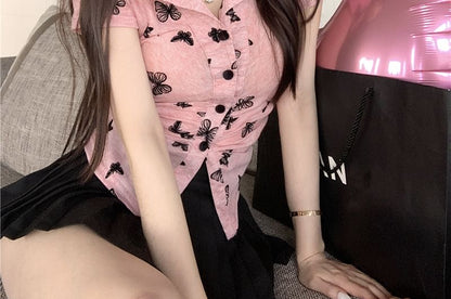 Top V-Neck Butterfly Button Print Sleeve Short