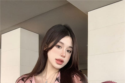 Top V-Neck Butterfly Button Print Sleeve Short