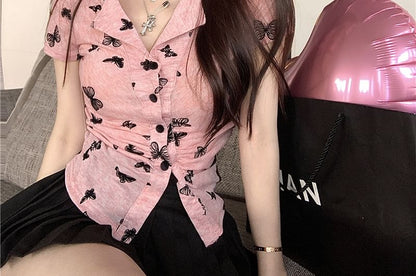 Top V-Neck Butterfly Button Print Sleeve Short