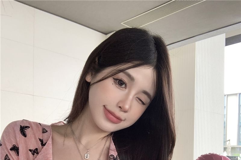 Top V-Neck Butterfly Button Print Sleeve Short