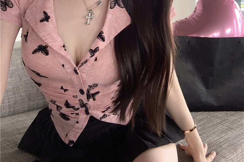 Top V-Neck Butterfly Button Print Sleeve Short
