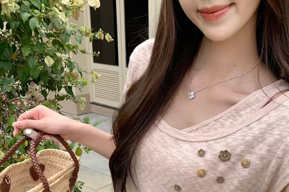 Belt Cold Cord Shoulder Top Plain Sleeve + Short Button Set: