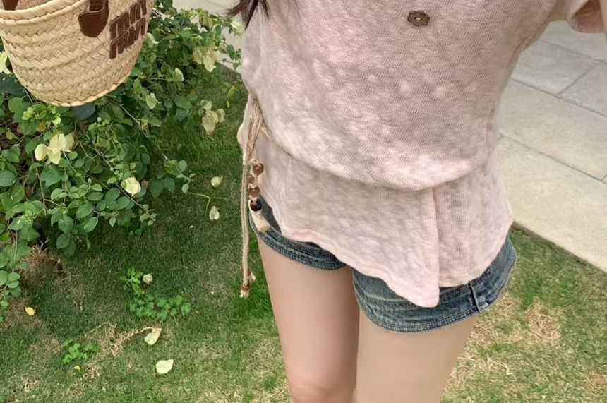 Belt Cold Cord Shoulder Top Plain Sleeve + Short Button Set: