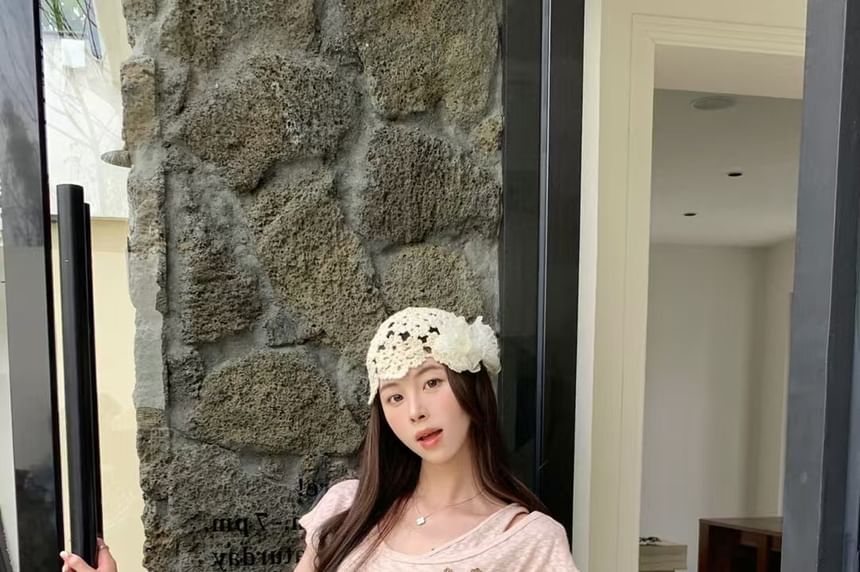 Belt Cold Cord Shoulder Top Plain Sleeve + Short Button Set: