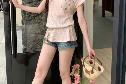 Belt Cold Cord Shoulder Top Plain Sleeve + Short Button Set: