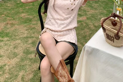 Belt Cold Cord Shoulder Top Plain Sleeve + Short Button Set: