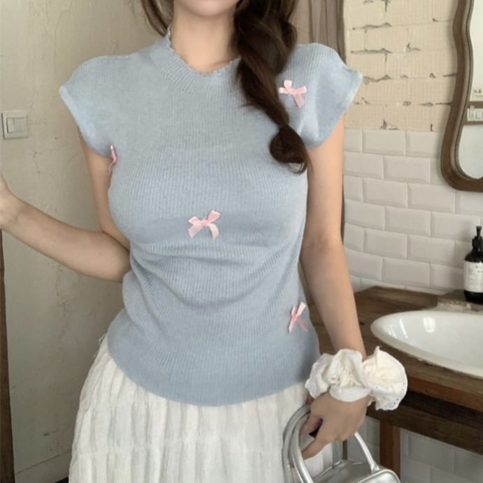 Bow Sleeve Cap Crew Neck Knit Top