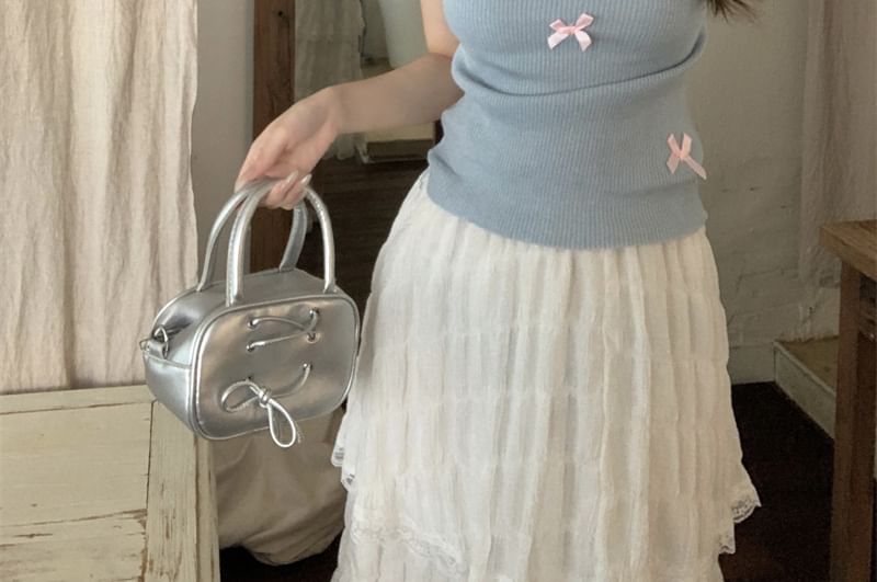 Bow Sleeve Cap Crew Neck Knit Top