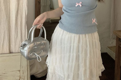 Bow Sleeve Cap Crew Neck Knit Top