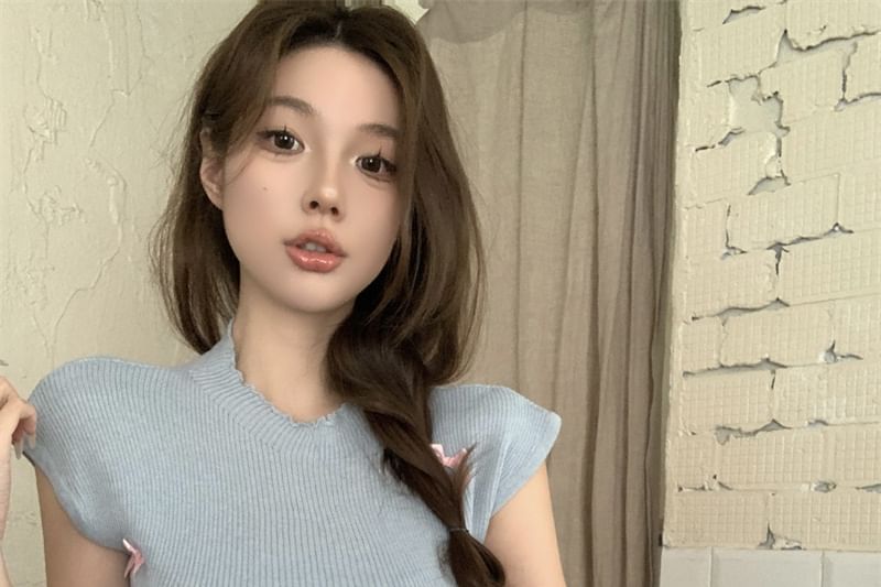 Bow Sleeve Cap Crew Neck Knit Top