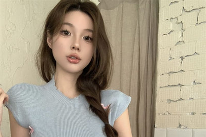 Bow Sleeve Cap Crew Neck Knit Top