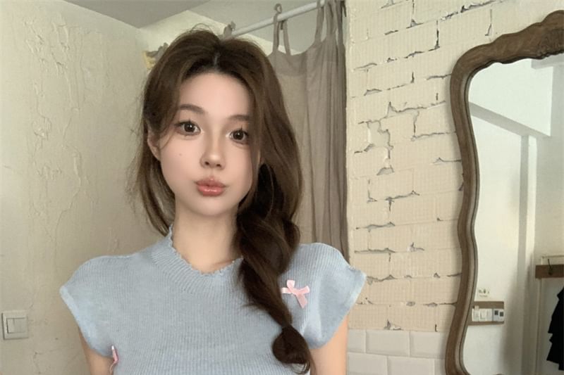 Bow Sleeve Cap Crew Neck Knit Top