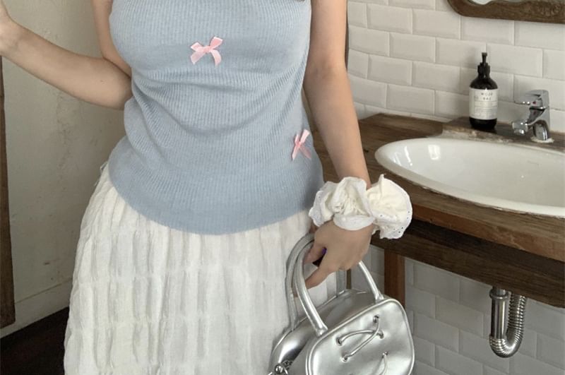 Bow Sleeve Cap Crew Neck Knit Top